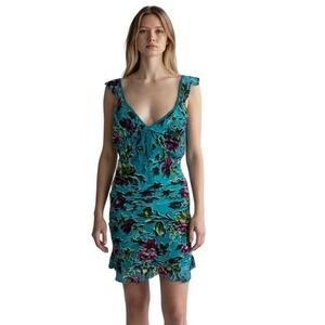 Rat & Boa Teal Floral Silk Mini Dress Open Back Ruffle Trim XS Bohemian